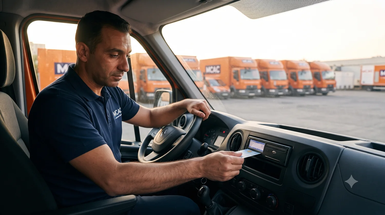 Chauffeur MCAC ins&eacute;rant sa carte de conducteur dans le tachygraphe, camion &agrave; l'arr&ecirc;t au d&eacute;p&ocirc;t