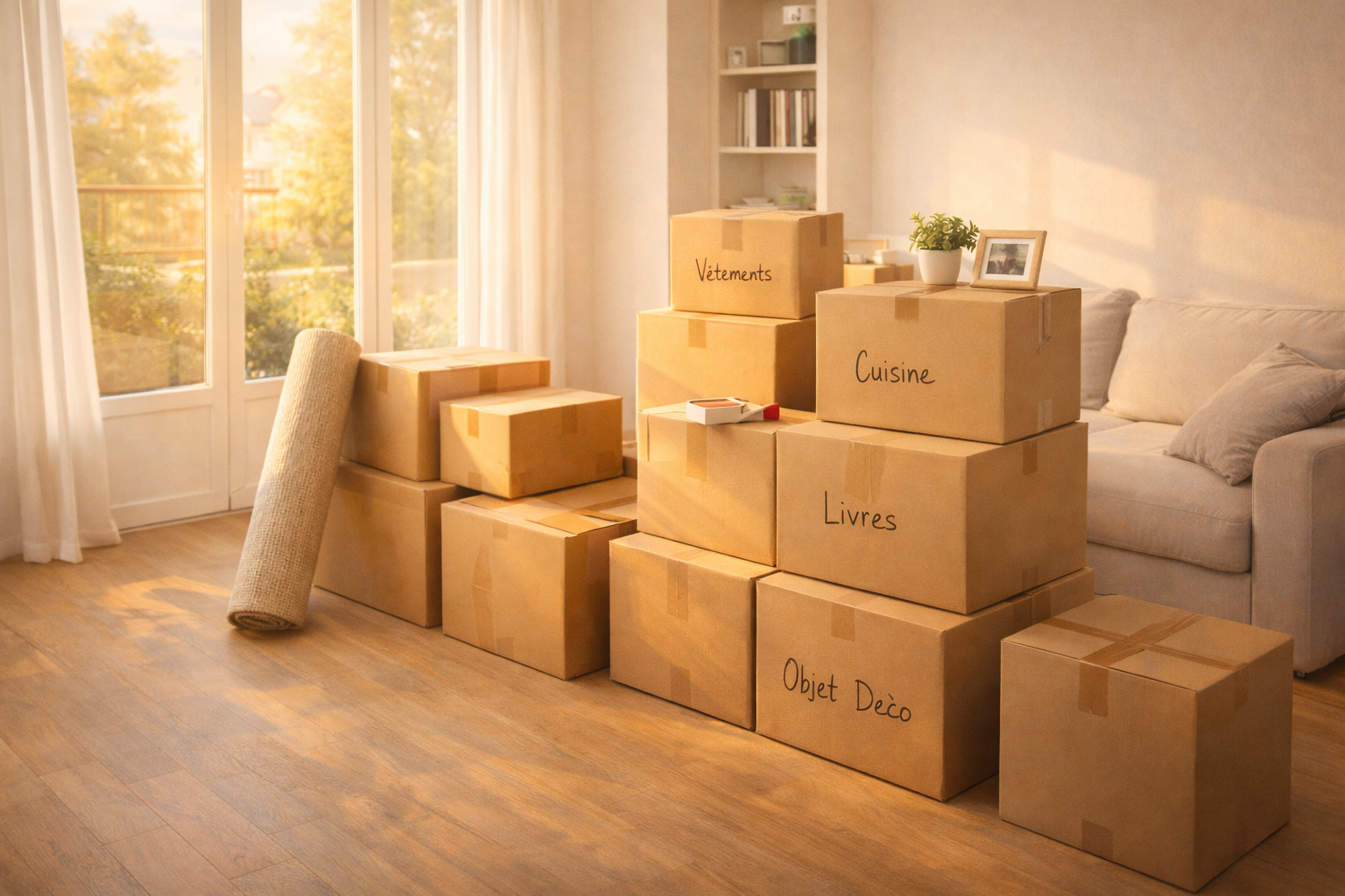 Cartons de déménagement bien organisés dans un salon lumineux