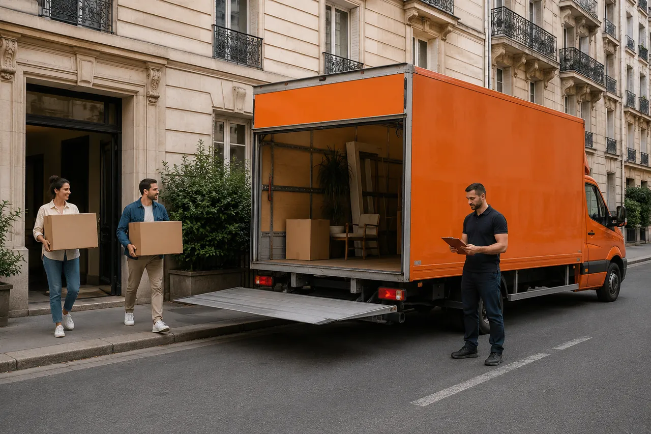 Couple pr&eacute;parant son d&eacute;m&eacute;nagement devant un immeuble parisien, avec le camion orange MCAC